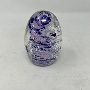 Vintage Art Glass Paperweight Signed RTG 2000 Clear w/ Purple Swirl Egg Shape